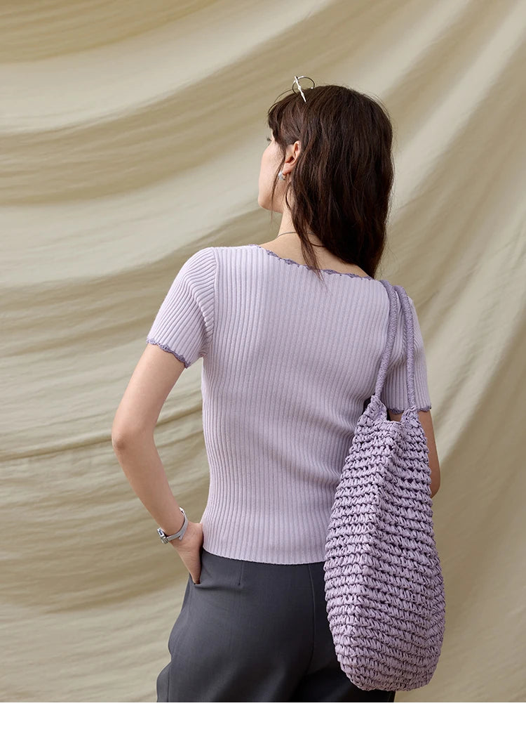 MISHOW Office Lady Summer Sweater Women 2025 New Solid Short Sleeve Lace Collar Contrast Color Hook Design Tops Slim MXE33Z1218