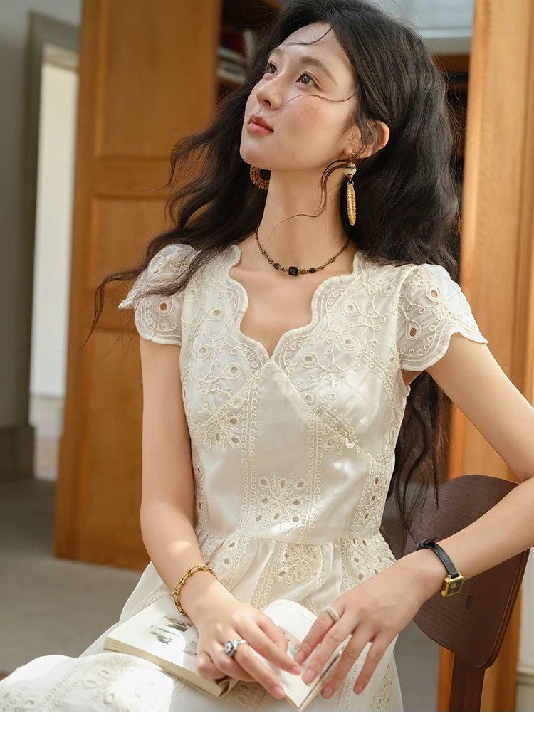 MISHOW Women's Flying Sleeve V-neck Hollow Dress 2025 Summer Embroidery A-line Dress Seaside Vacation Long Dresses MXE39L2404