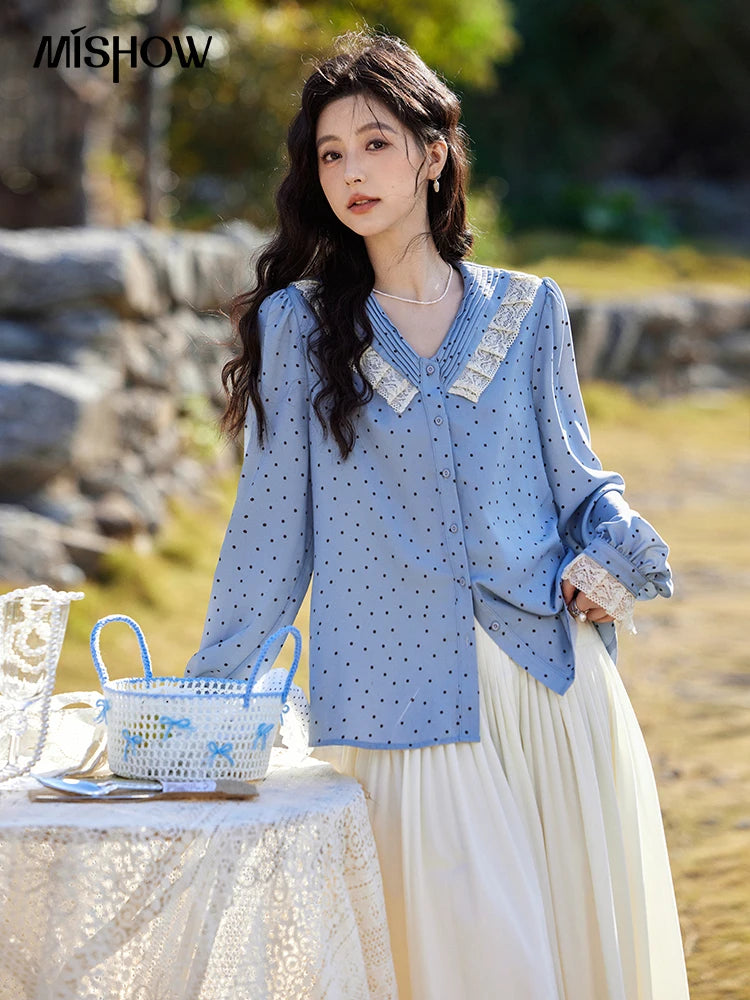 MISHOW Lace Patchwork Polka Dot Shirt for Women Spring 2025 French V-neck Shirt Cuff Splic with Hollowed Out Lace Top MXE12X1707