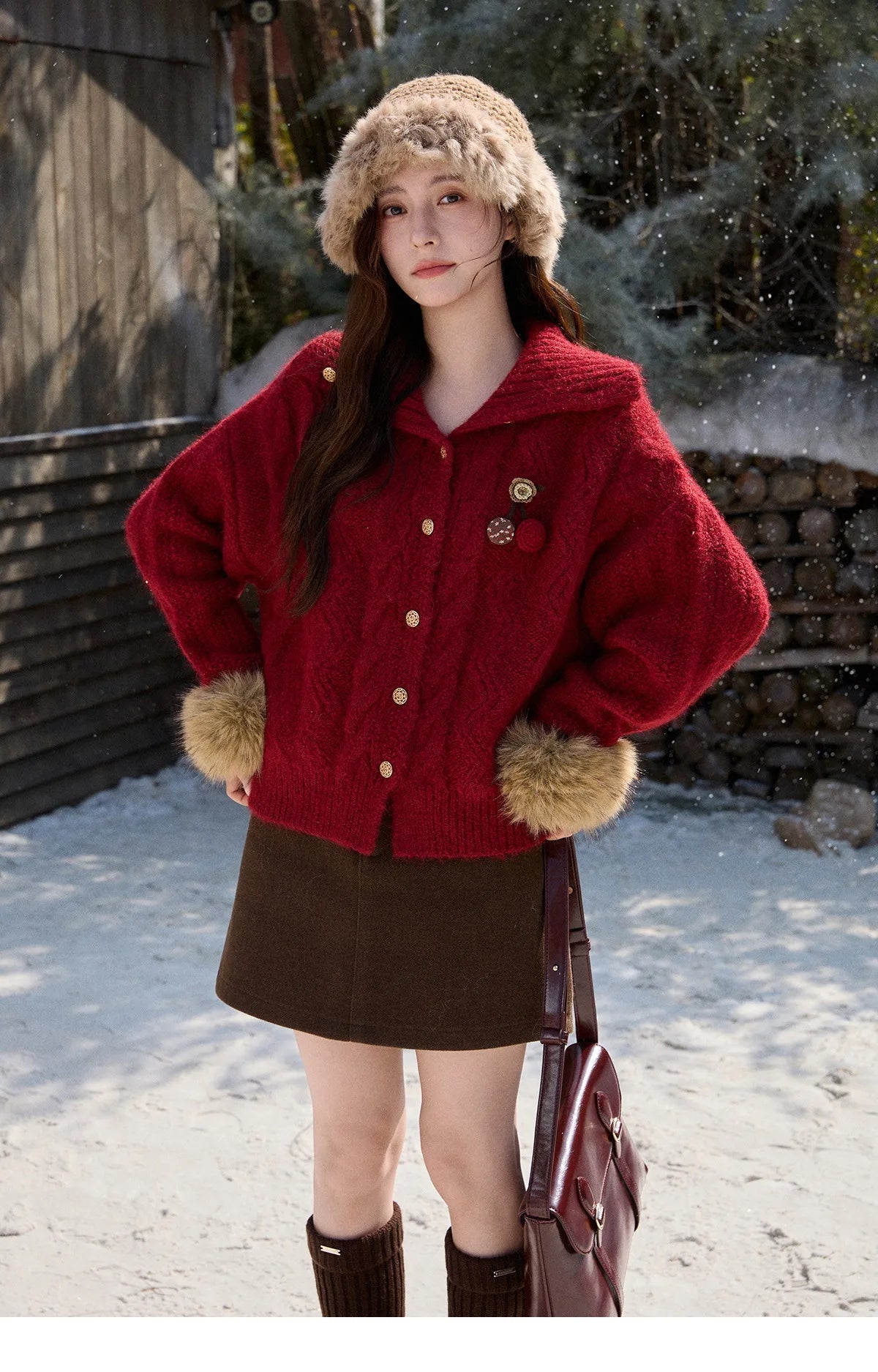 MISHOW Women's Red Knitted Cardigan Autumn Winter Cable Knitted Stand Collar Single-breasted Warm Loose Outerwear MXE92Z2827
