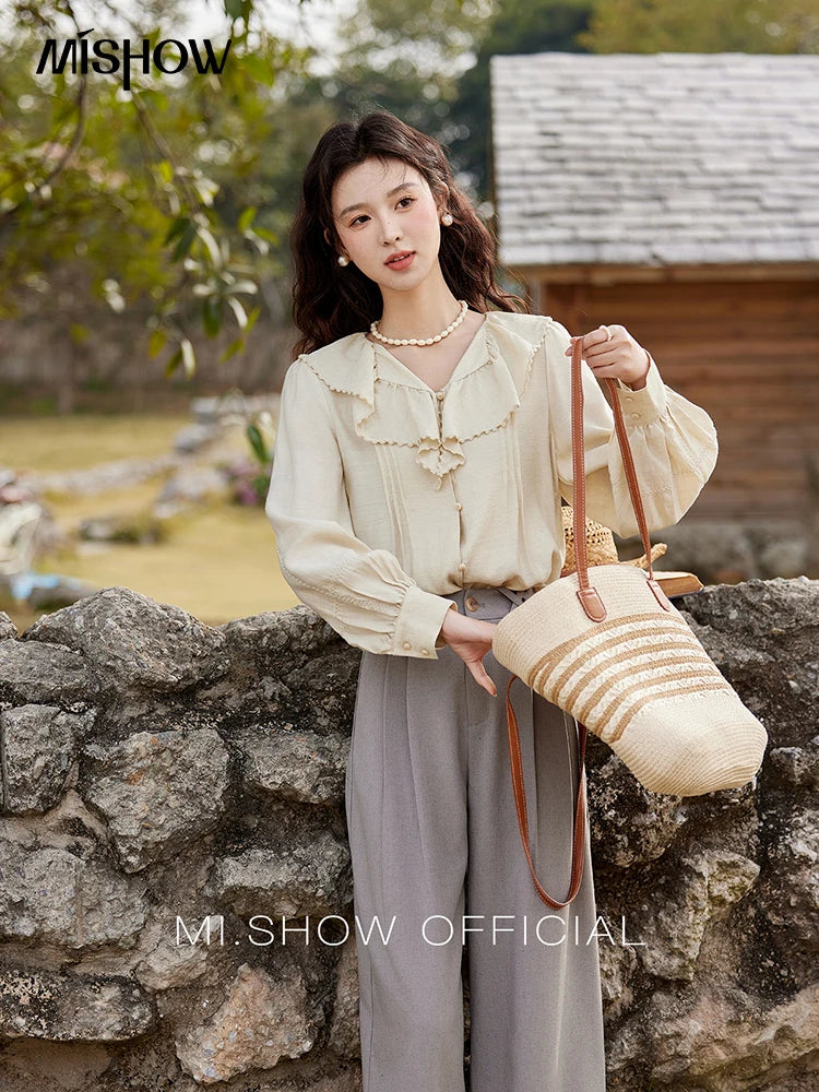 MISHOW Lotus Leaf Collar Shirt Bubble Sleeves Pink Shirt for Women Spring 2025 Sweet Chiffon Top Temperament Shirts MXE12X1702