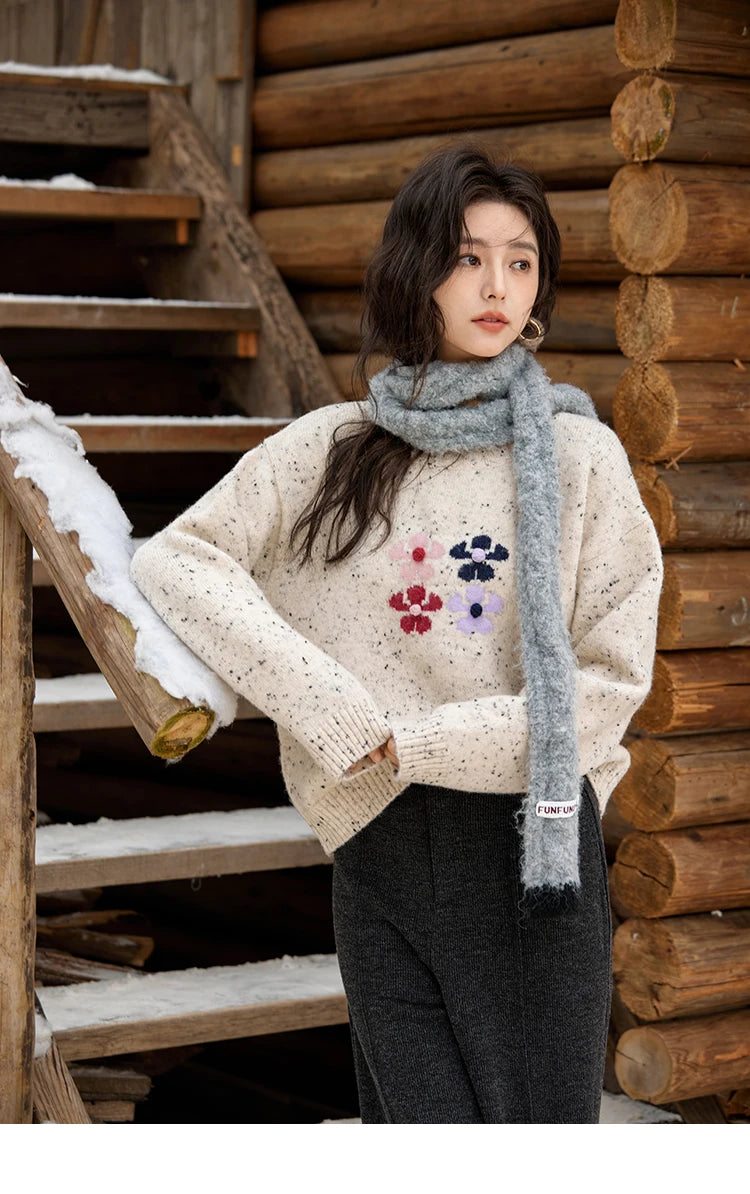 MISHOW Wool Blend Yarn Knitted Sweater Flower Color Dots Design 2024 Winter Women O-Neck Pullovers Lazy Sweaters MXD56Z1066