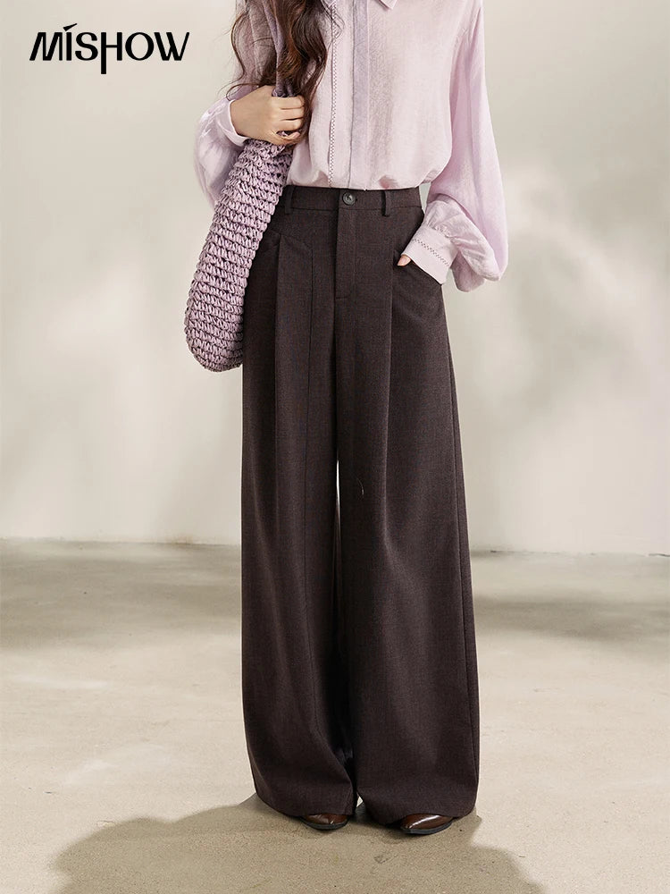 MISHOW Women's Dark Purple Wide Leg Pants 2026 Spring High Waist Pleated Pants Back Elastic Waist Casual Trousers MXF13K1204