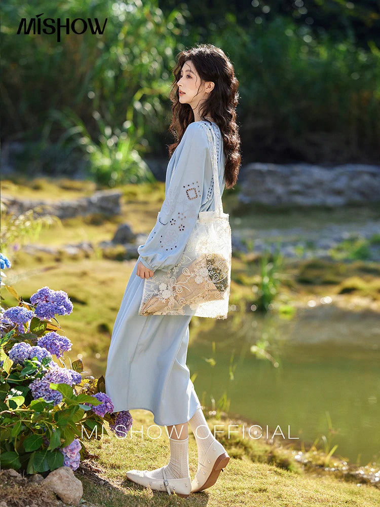 MISHOW French Hollow Lace Dress for Women 2025 Spring Vacation Slim Waist V-neck Dresses Loose Beach Fairy Dresses MXE12L2091