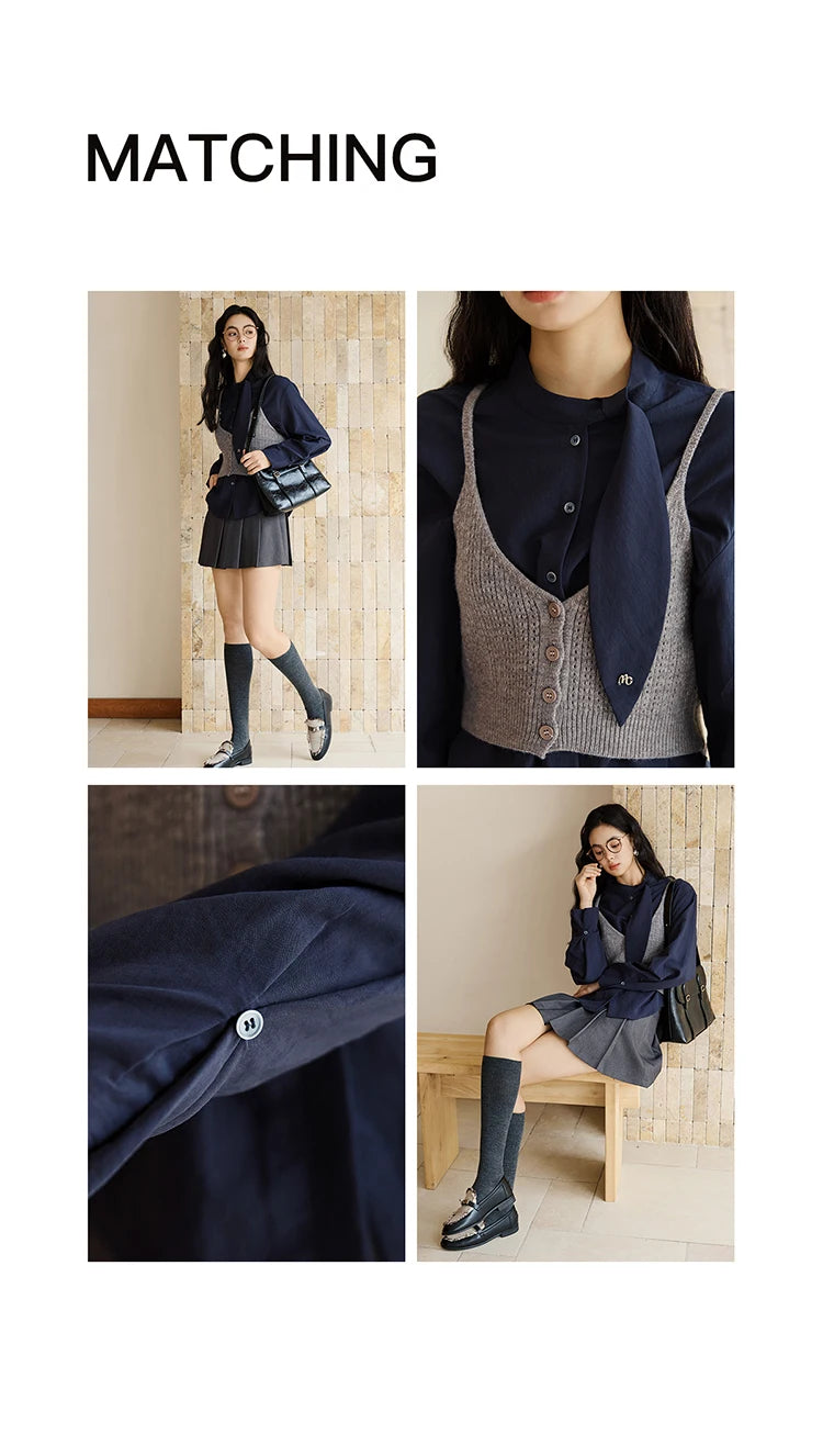 MISHOW Woman Shirt Set 2025 Autumn Fashion New Navy Blue Ribbon Design Layered Shirt Knit Camisole Two-piece Suit MXE47T1412