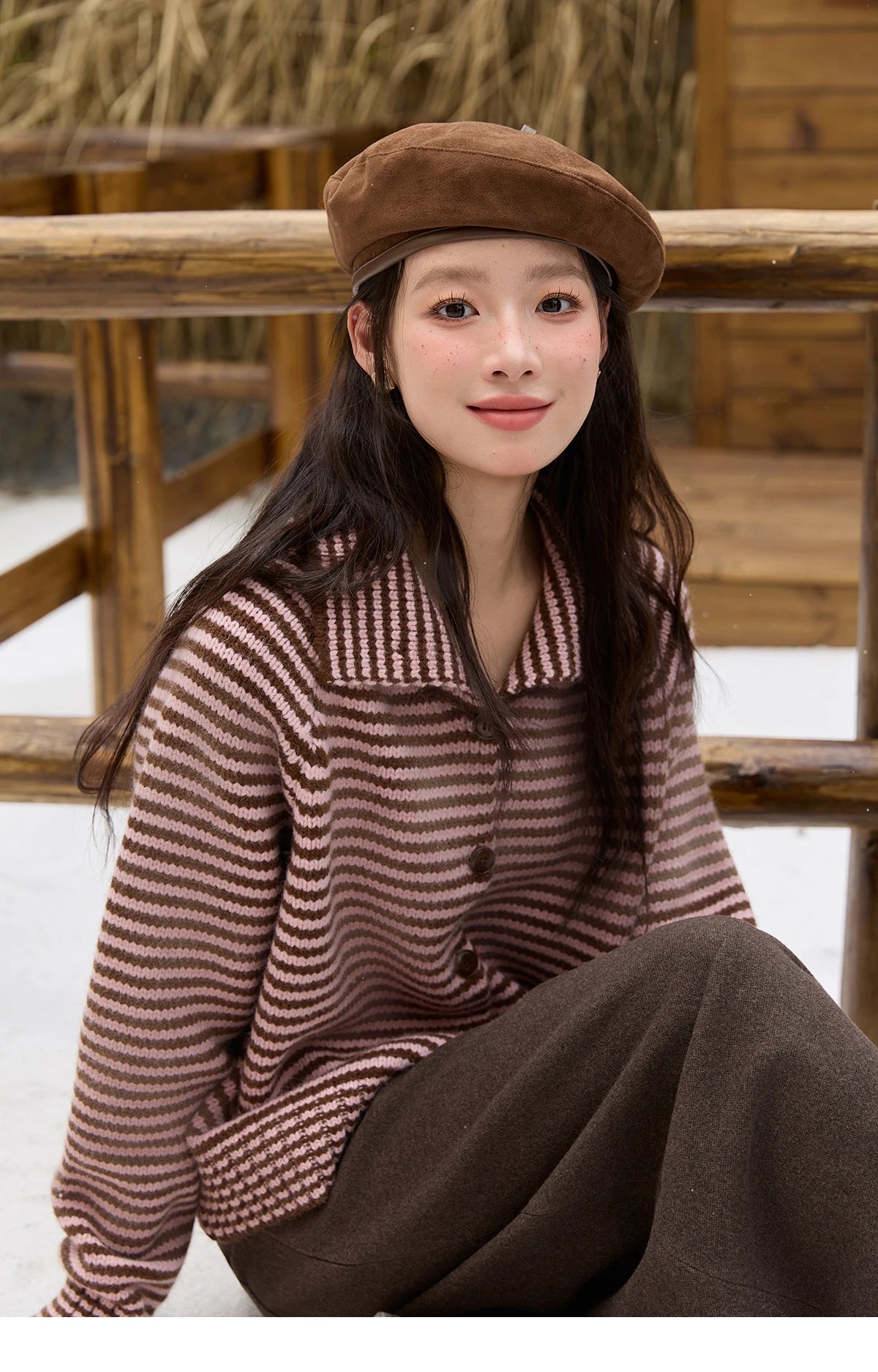 MISHOW New Striped Knitted Cardigan 2025 Autumn Winter Retro Stand-up Collar Raglan Sleeve Cardigan Commute Loose Top MXE88Z2690