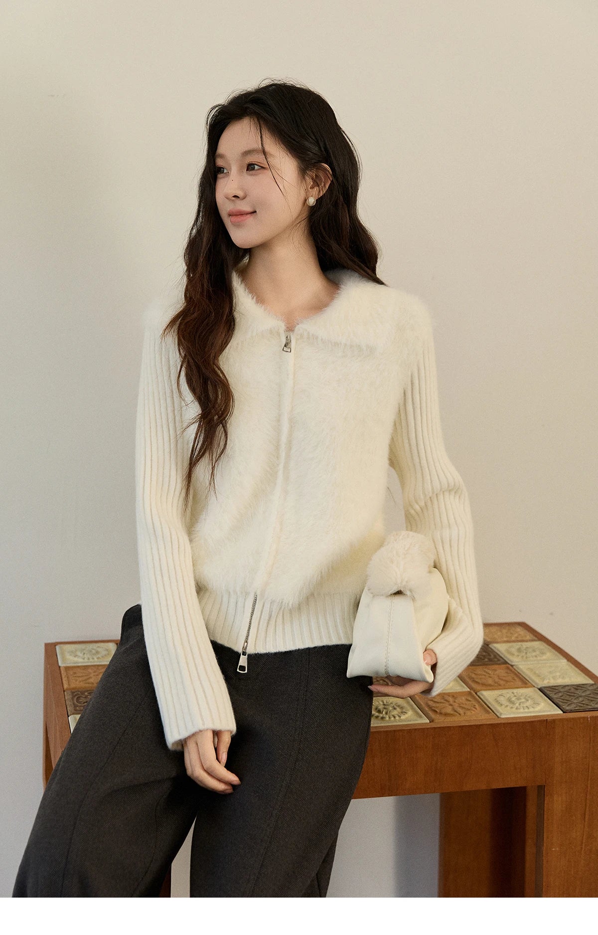 MISHOW Women's White Faux Fur Knit Cardigan 2025 Autumn Winter Fake Two-Piece Zipper Lapel Collar Warm Soft Outerwear MXE94Z2992