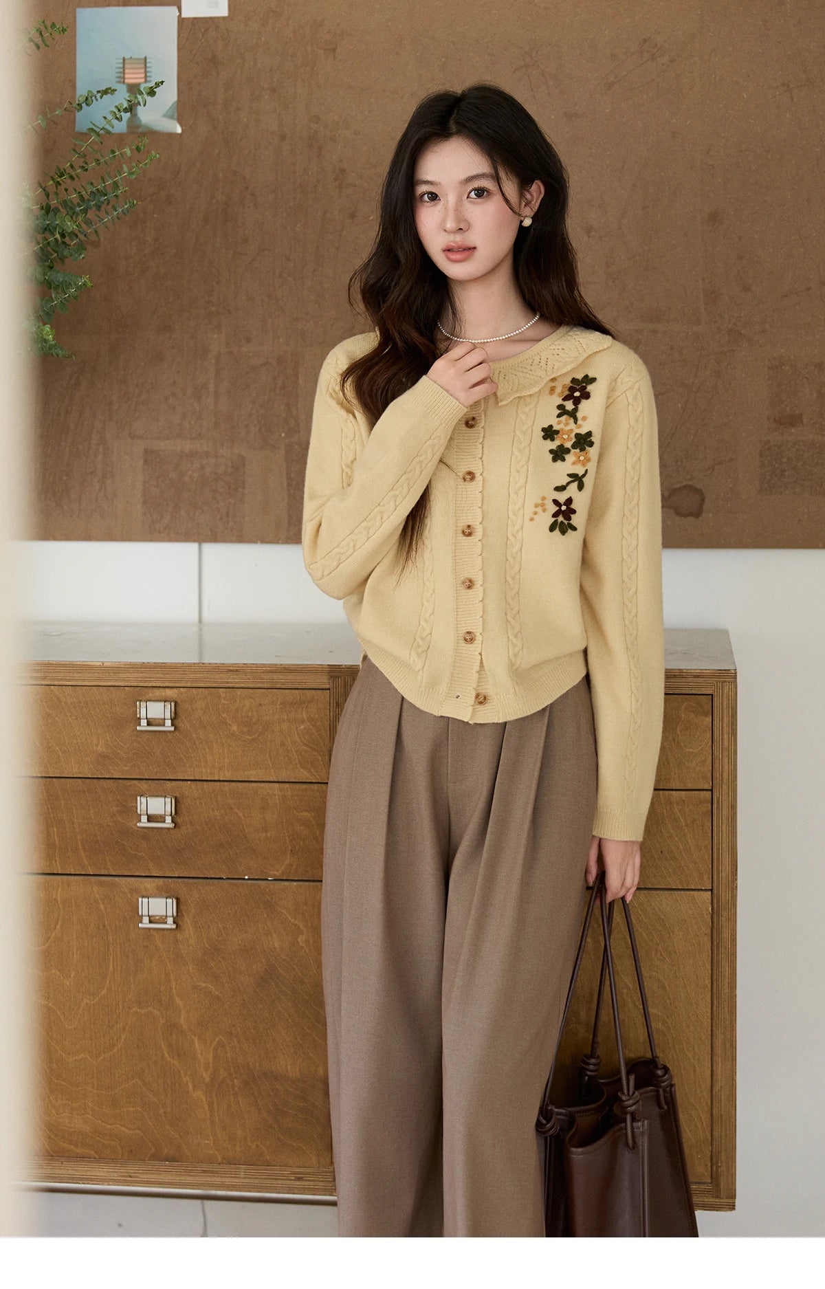 MISHOW Women's Cable Knit Cardigan Spring Peter Pan Collar Floral Embroidery Sweater Long Sleeve Casual Loose Tops MXF11Z2904