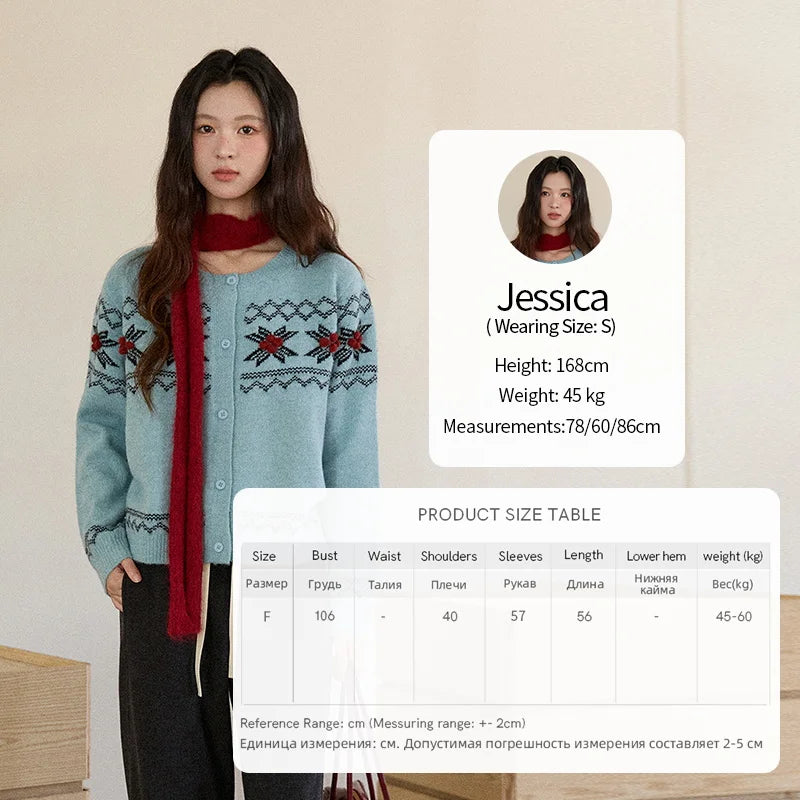 MISHOW Women's Geometric Jacquard Fair Isle Sweater 2025 Winter Retro Blue O-Neck Single-breasted Commuter Cardigan MXE86Z2734