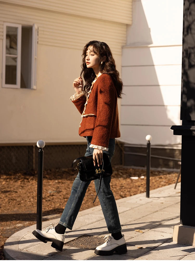 MISHOW Wool Coat for Women Winter Korean Retro Lace Splicing Lamb Wool Button Pockets Thickened Warm Female Coat MXB43W0720