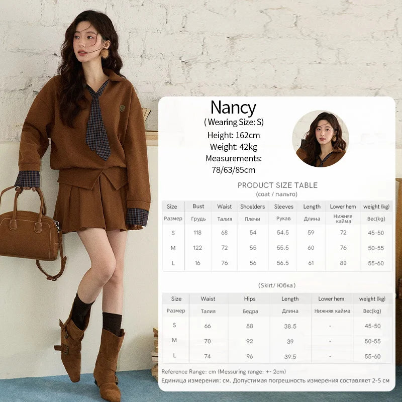 MISHOW Woman Skirt Suit 2025 Winter College Style Fake 2-piece Spliced Sweatshirt Pleated Skirt Casual Woman Sets MXE86T1447