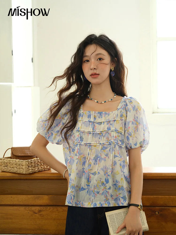 MISHOW Fashion Square Neck Puff Sleeve Blouse for Women 2025 Summer New French Sweet Loose Print Top Ladies Clothing MXE39X1937
