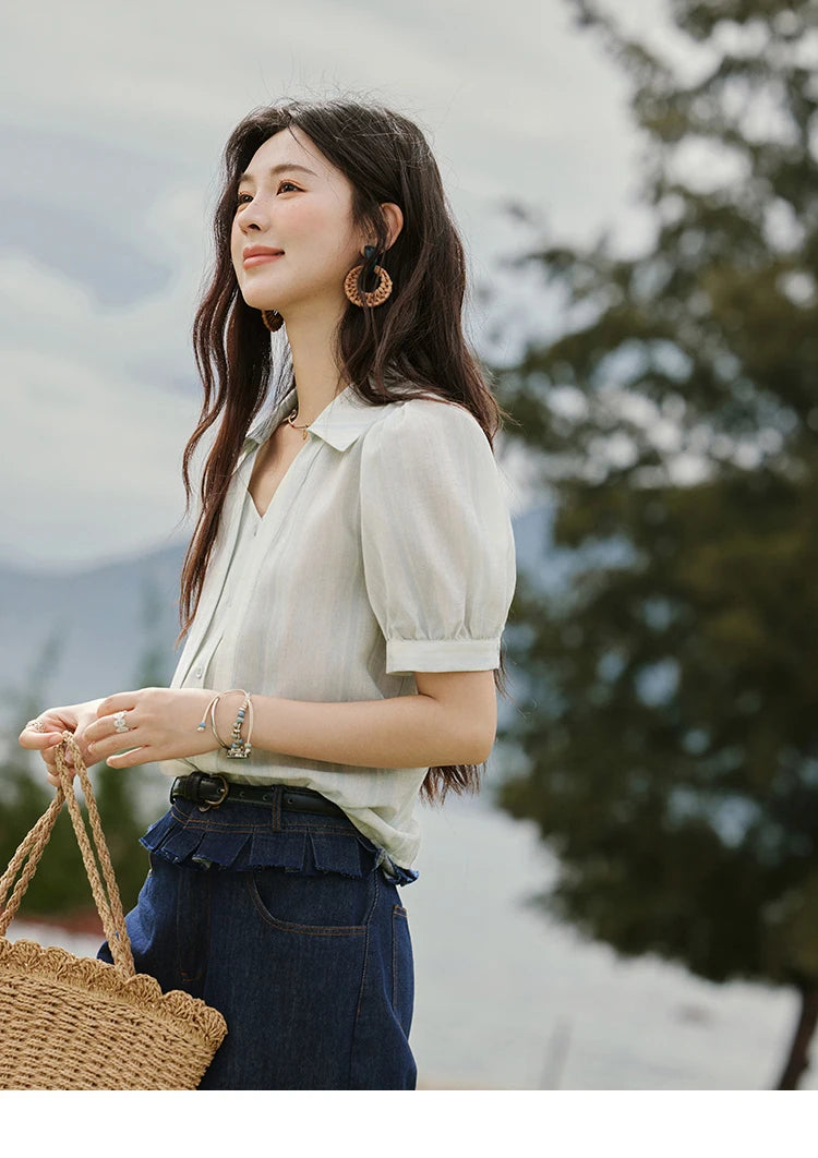 MISHOW French Summer Blouses Women New 2025 Solid Short Sleeve Turn-down Collar Slimming Shirts Female Straight Thin MXE33C0782