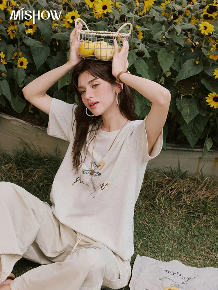 MISHOW Casual Summer Print Shirts Women 2025 Short Sleeve Round Neck Coconut Tree Straight T-shirts Woman Versatile MXE31T0520