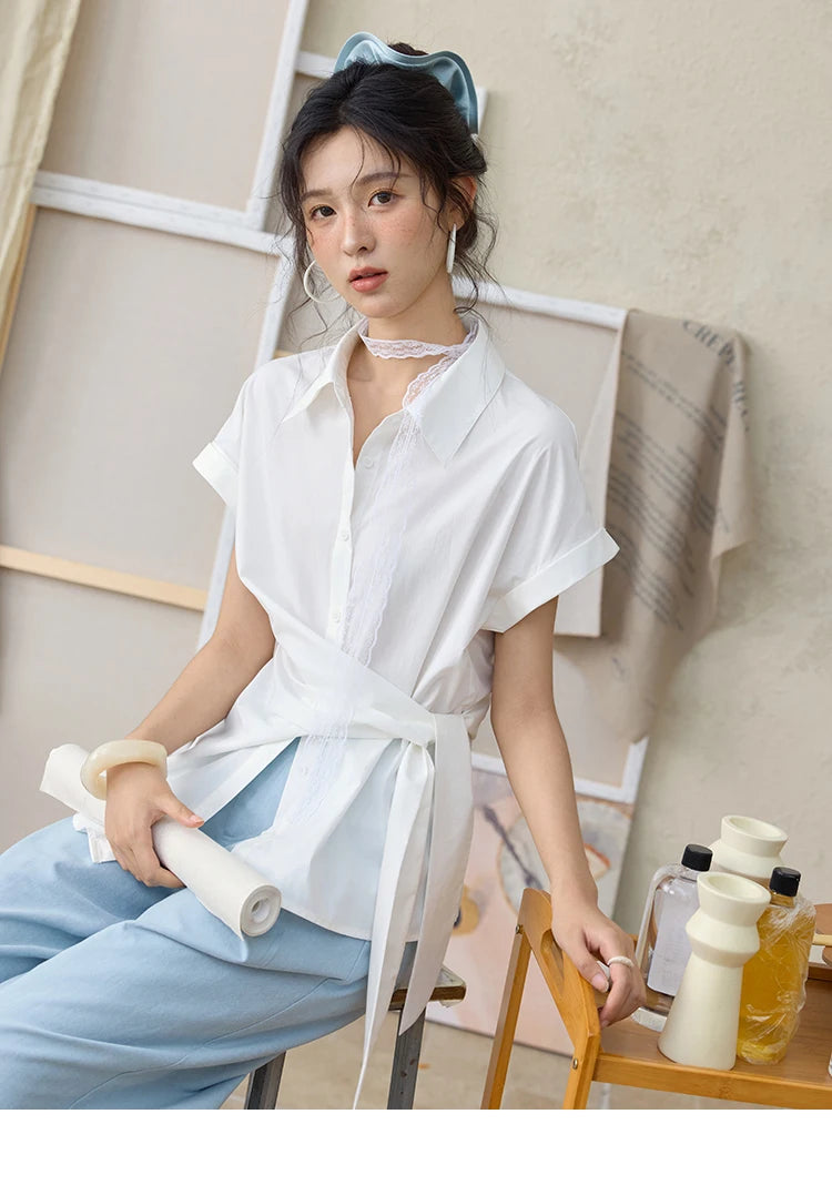 MISHOW Sea Salt Blue Wide Leg Pants 2025 Summer Contrasting Bead Belt Cotton Blend Trousers Slim Commuting Pants MXE35K0931