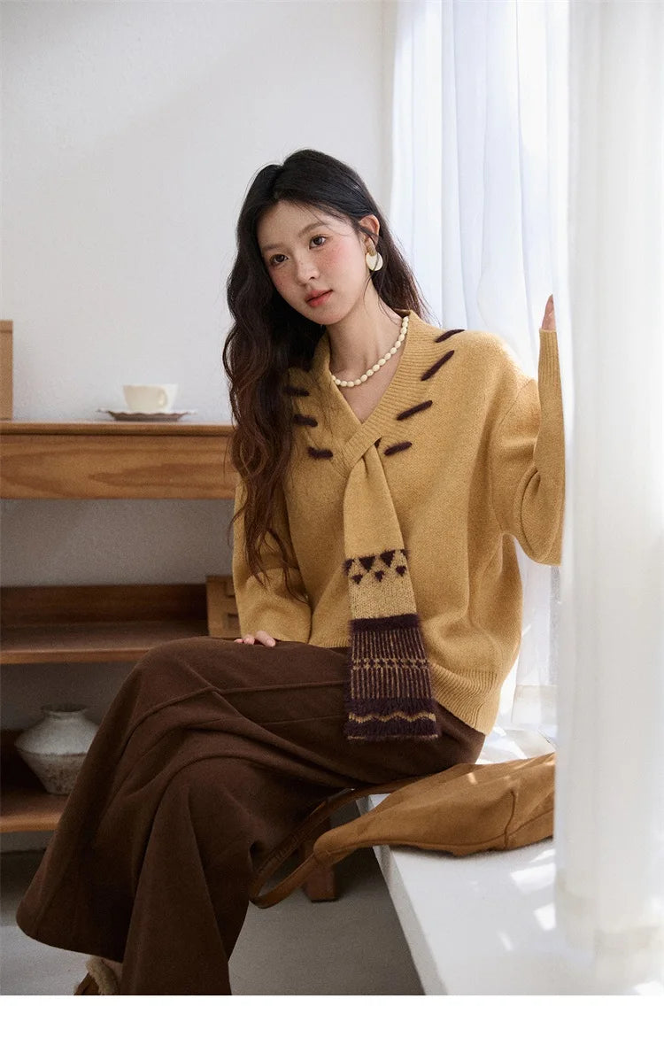 MISHOW Women V-neck Knit Top 2025 French-style Elegant Workwear Long-sleeved Yellow Pullover Women's Winter Clothing MXE87Z2771