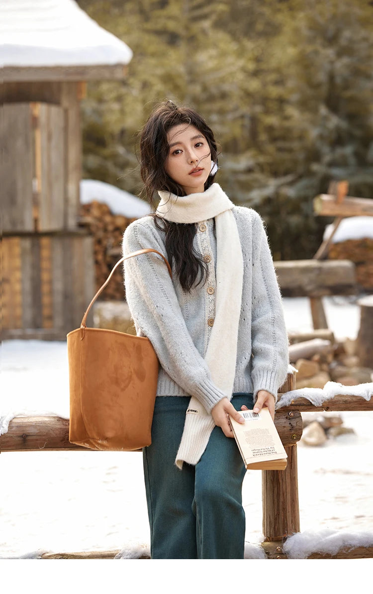 MISHOW Wool Blend Cardigan Pink Sweater 2024 Autumn Winter Women Clothes Sweet Top Knitted Sweater Outerwears MXD56Z1064