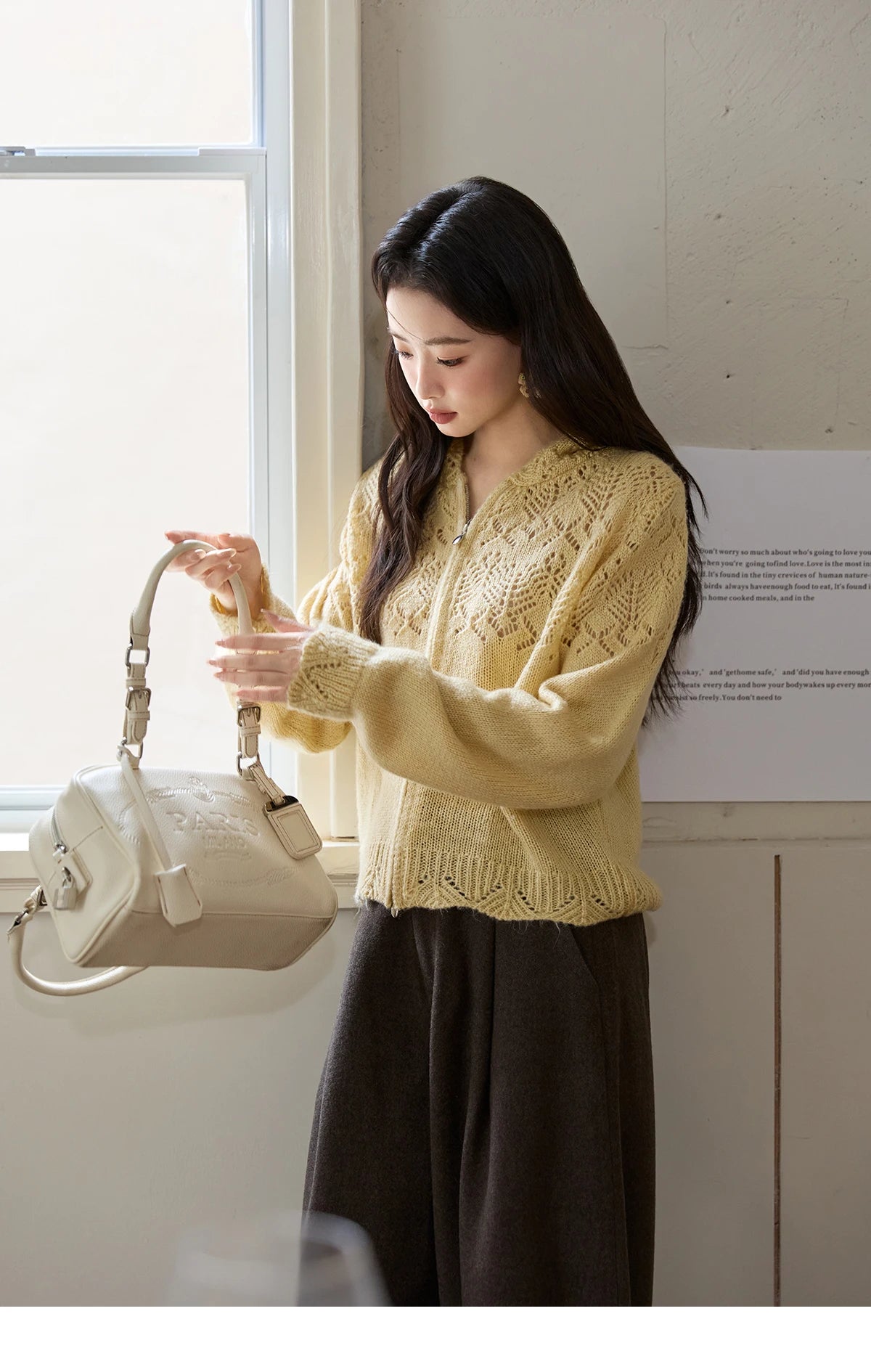 MISHOW Yellow Hollow Out Cardigan Women 2025 Autumn Winter New Hooded Zipper Sweater Loose Casual Bottoming Tops MXE46Z2584