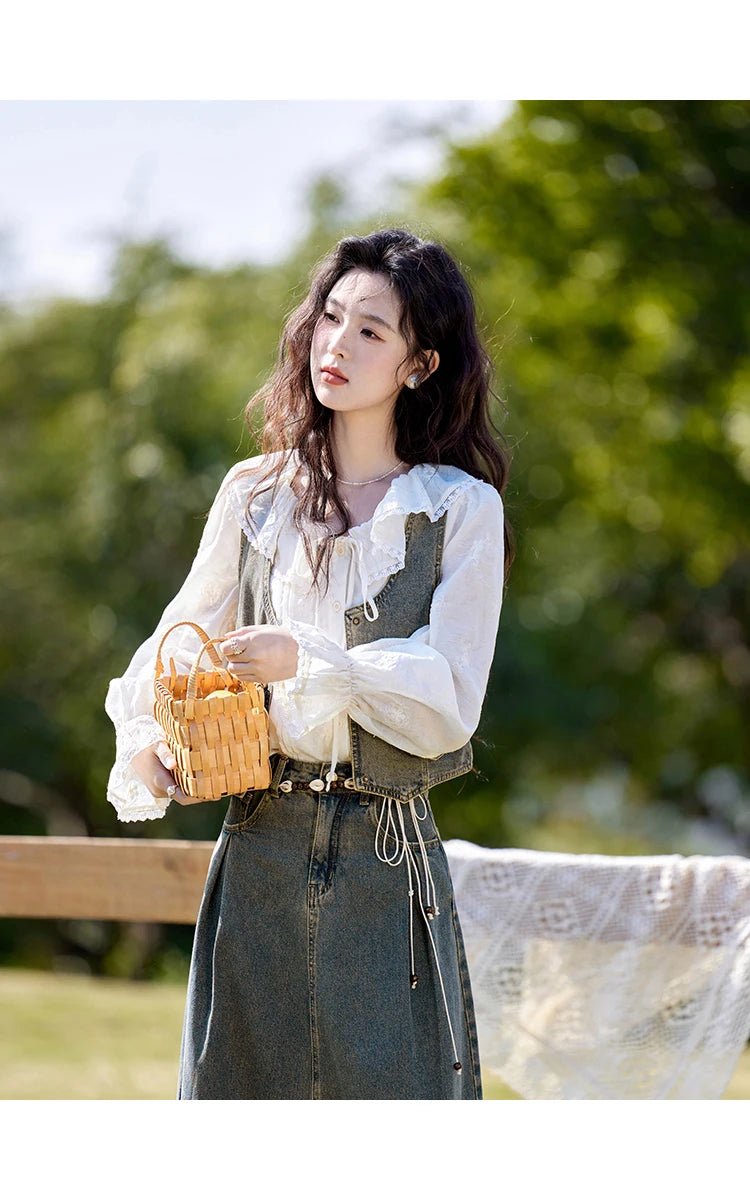 MISHOW Denim Vest Coat Midi Skirt Separately for Women Spring 2025 Korean Retro Washed Cotton Coat Slim A-line Skirt MXE13W0731