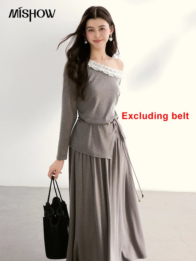 MISHOW Women's Grey Irregular Top Elastic Waist Skirt Two-Piece Set Spring Off-Shoulder Lace Trim Top Maxi Skirt Set MXF13T1479