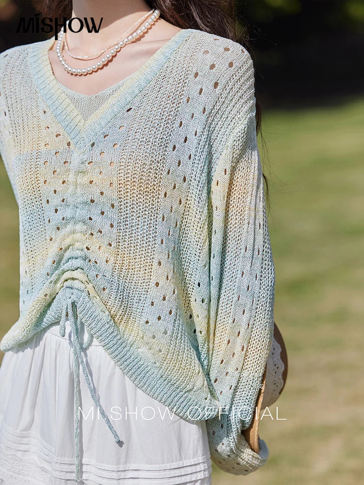MISHOW Gradient Blue Green Knitted Sweater Women 2025 Autumn Long Sleeve V-neck Drawstring Tops New Fashion Sweaters MXE16Z1171