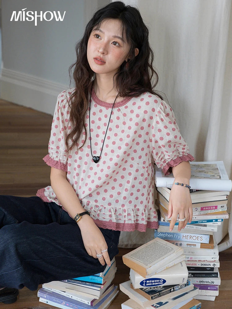 MISHOW Women's Blouse Fashion Pink Polka Dot Short Top 2025 Summer Sweet Puff Sleeve Blouse Casual Female Clothing MXE37X1900