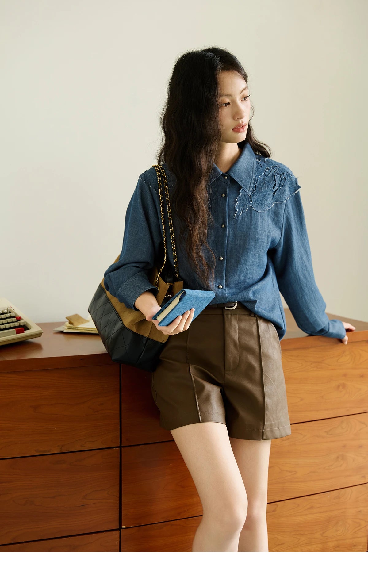 MISHOW Women's Blue Shirt Autumn 2025 Hollowed Out Patchwork Embroidery Tops Imitation Denim Fabric Loose Retro Shirt MXE46C2410