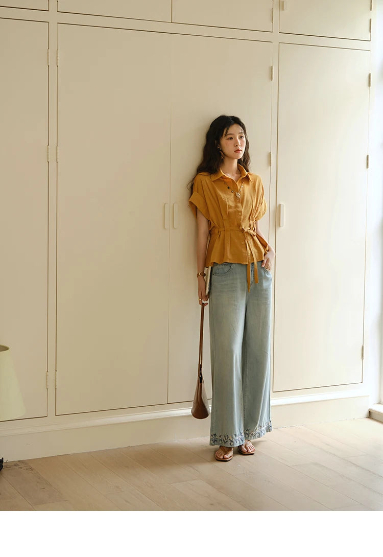 MISHOW Women's Casual Shirt 2025 Summer New Lace Up Button Turn-Down Collar Top Retro Orange Shirt Women's Clothing MXE37C0809