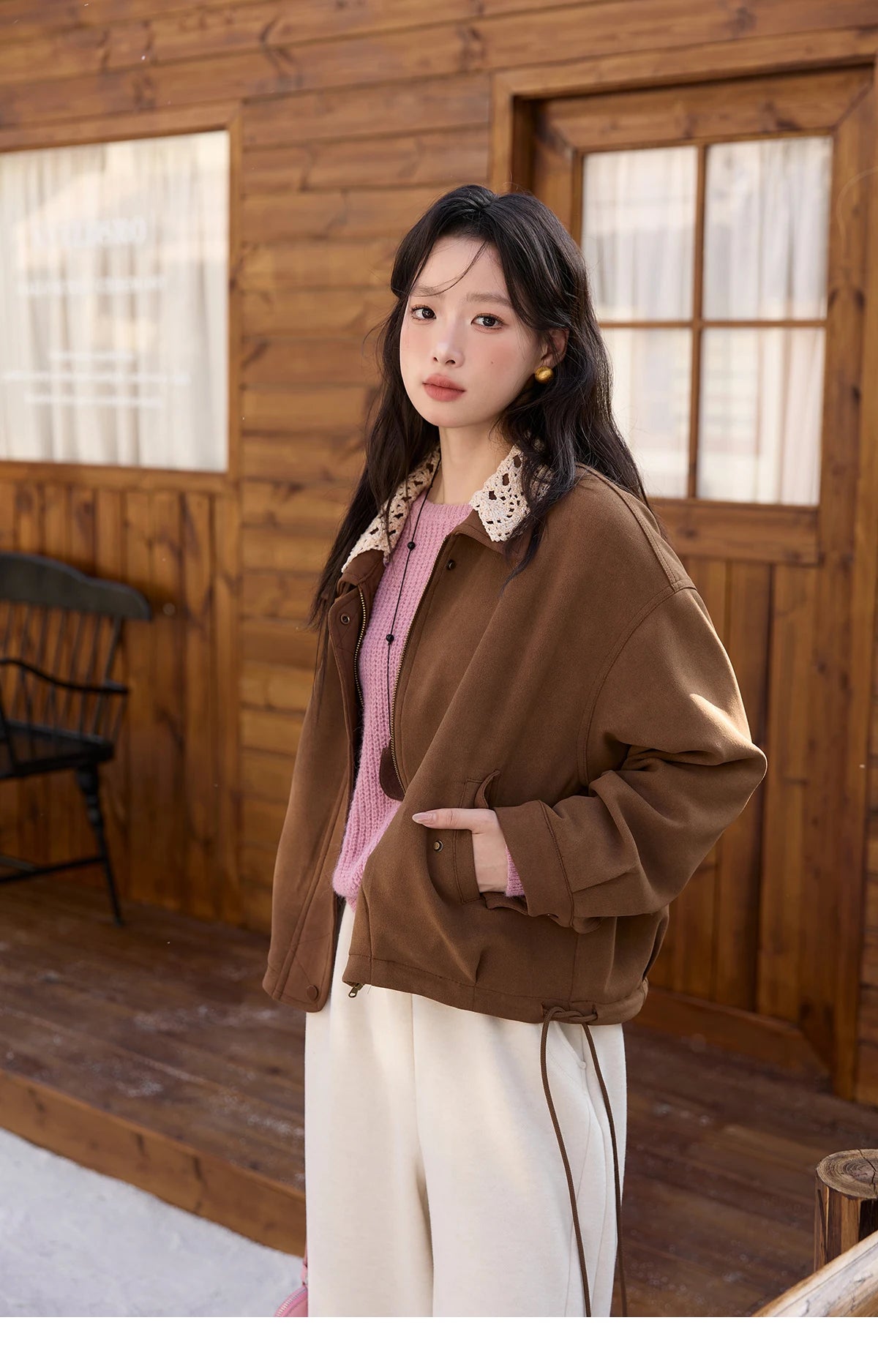 MISHOW Brown Jacket for Women 2025 Autumn Winter Retro Detachable Lace Collar Drawstring Hem Jacket Women's Clothing MXE45W0846