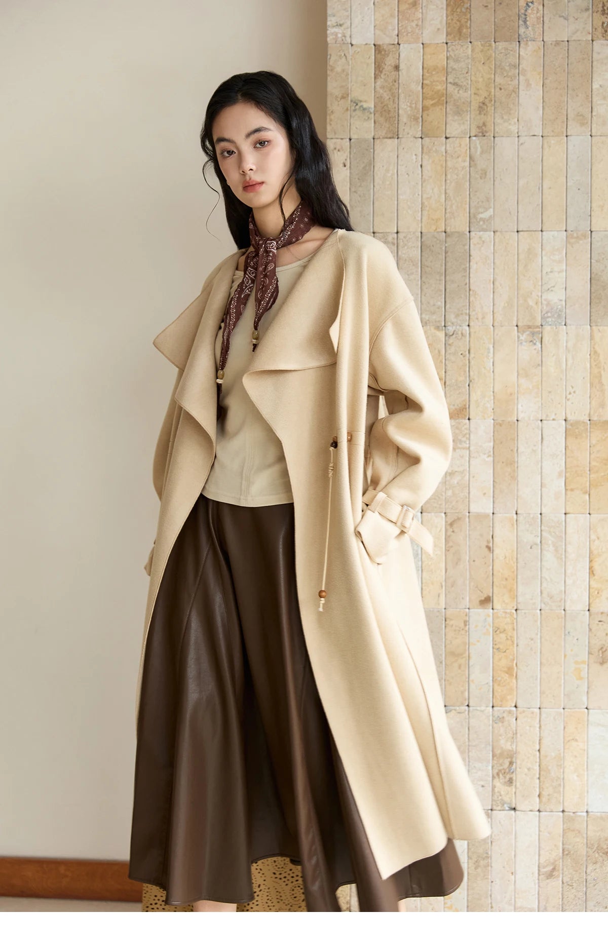 MISHOW Woolen Coat for Women 2025 Autumn Winter New Style Drawstring Waist Large Lapel Mid-length Commuter Loose Coat MXE45W0841