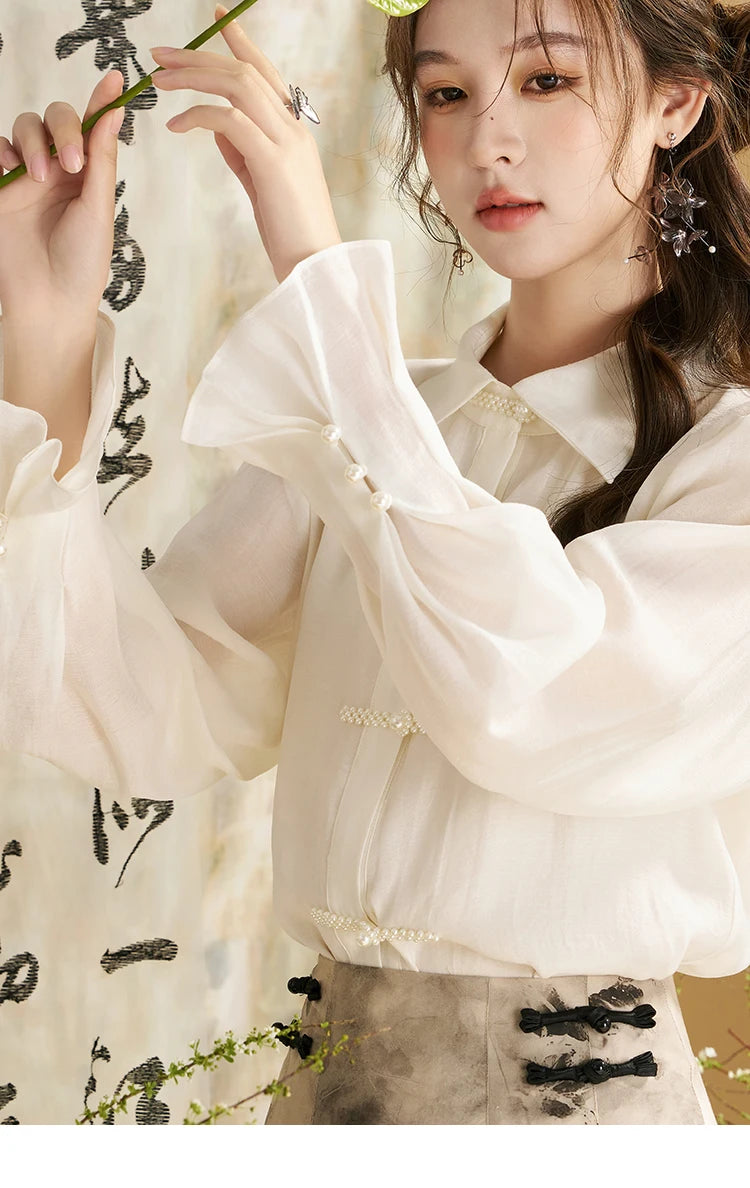MISHOW Chinese Style Lapel Shirt 2024 Spring Retro Button Pearl Embellishments Folded Cuffs Petal Sleeve Loose Top MXD11X1344