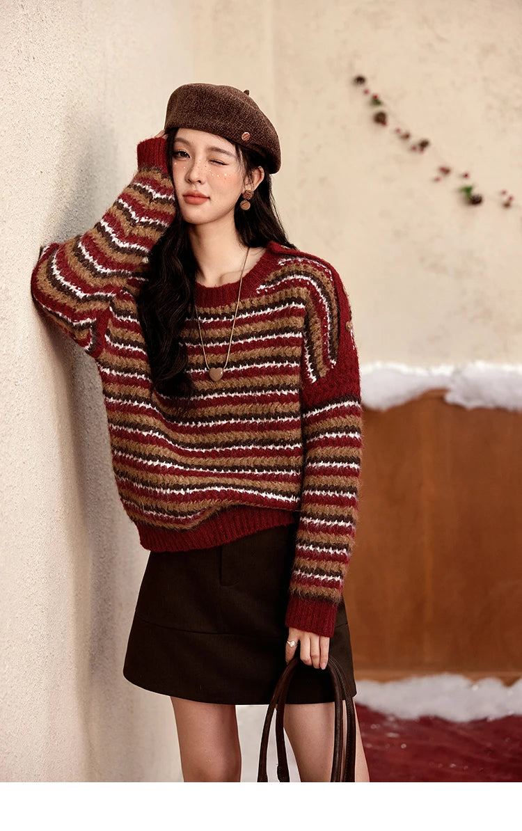MISHOW Christmas Retro Striped Wool Blend Sweater Women Button Decoration Women Clothing Thick O-Neck Knitted Tops MXD59Z1060