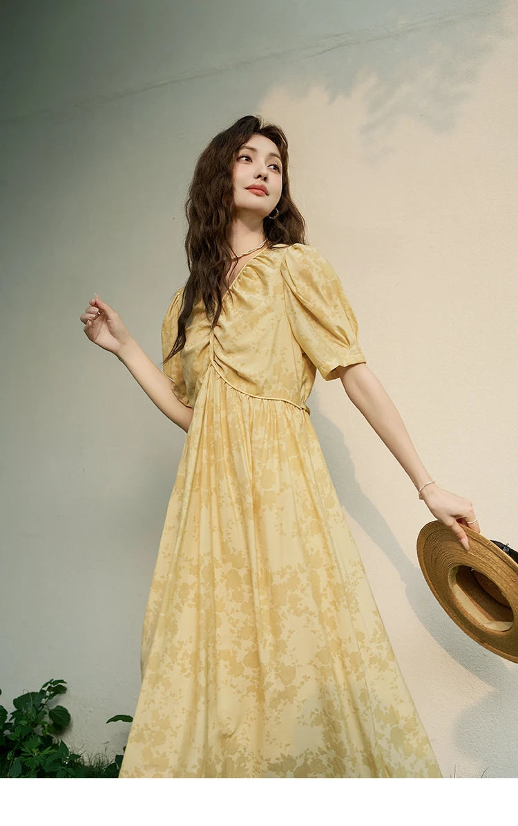 MISHOW Tea Break V-neck Dress for Women 2024 Summer French Temperament Chiffon Floral Puff Sleeve Waist Long Dresses MXD23L1878