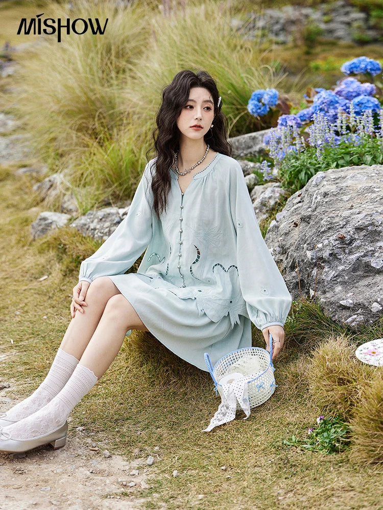 MISHOW Women's Sweet Blouses A-line Skirts Set Vintage Hollow Out Embroidery Loose Shirt Solid Skirt Two-piece Set MXE12T0455