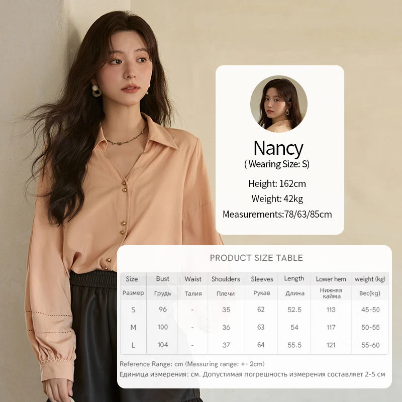 MISHOW Women's Shirt Lantern Sleeve Hollow Out Tops 2025 Autumn Single Breasted Solid Shirts Lapel Shirt Office Lady MXE41C2359