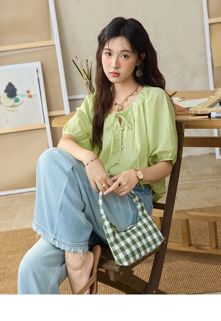 MISHOW Women's Round Neck Blouse 2025 Summer New Fashion Lace Up Puff Sleeve Casual Chiffon Top Ladies Clothing MXE36X1875