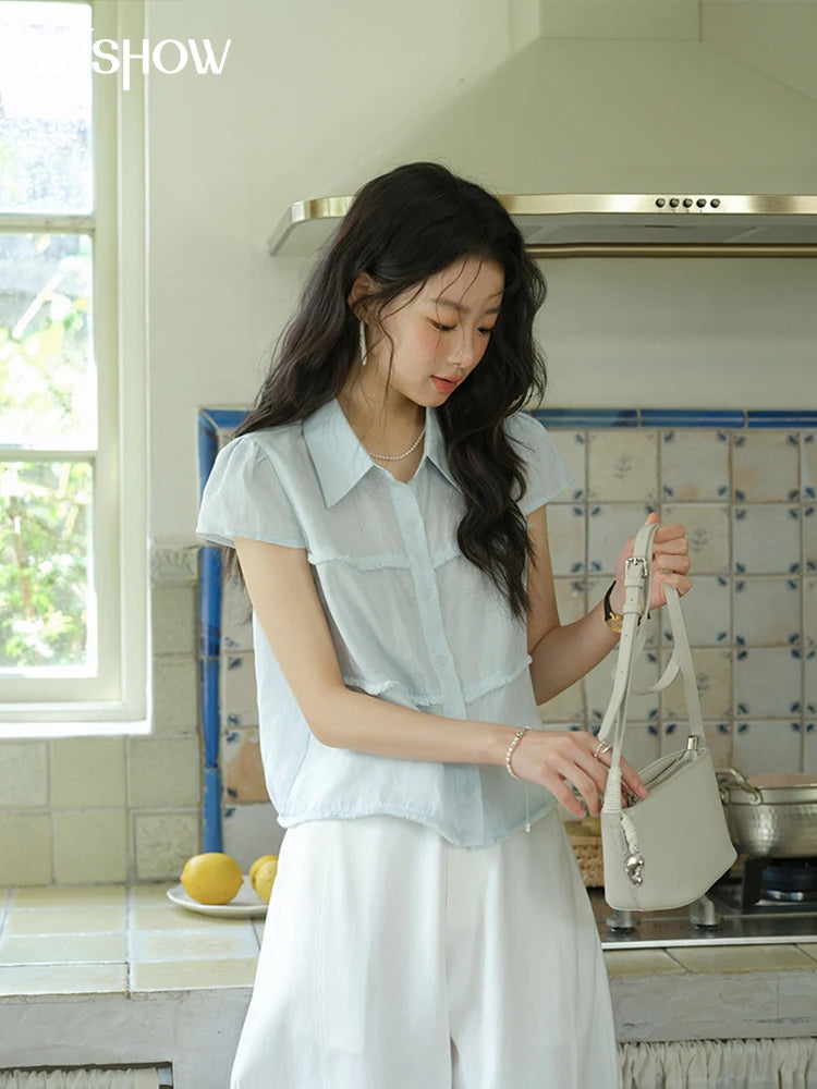 MISHOW Women's Turn-down Collar Button Casual Shirt 2025 Summer New Ladies Wear Edge Splicing Commut Short Sleeve Top MXE39C2363