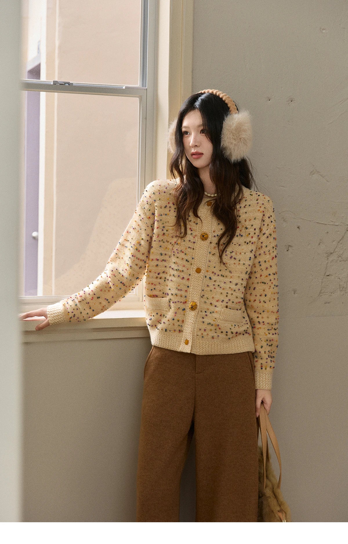 MISHOW Colorful Yellow Sweater Cardigan for Women Winter 2025 Arctic Fleece Retro Round Neck Warm Thick Knit Sweaters MXE91Z2778