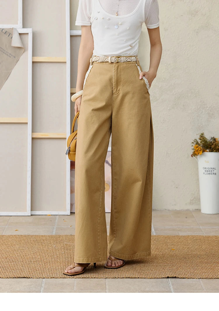 MISHOW 100Cotton Khaki Lace Patchwork Wide Leg Pants for Summer 2025 High Waist Straight Leg Trousers Commuting Pants MXE34K0925