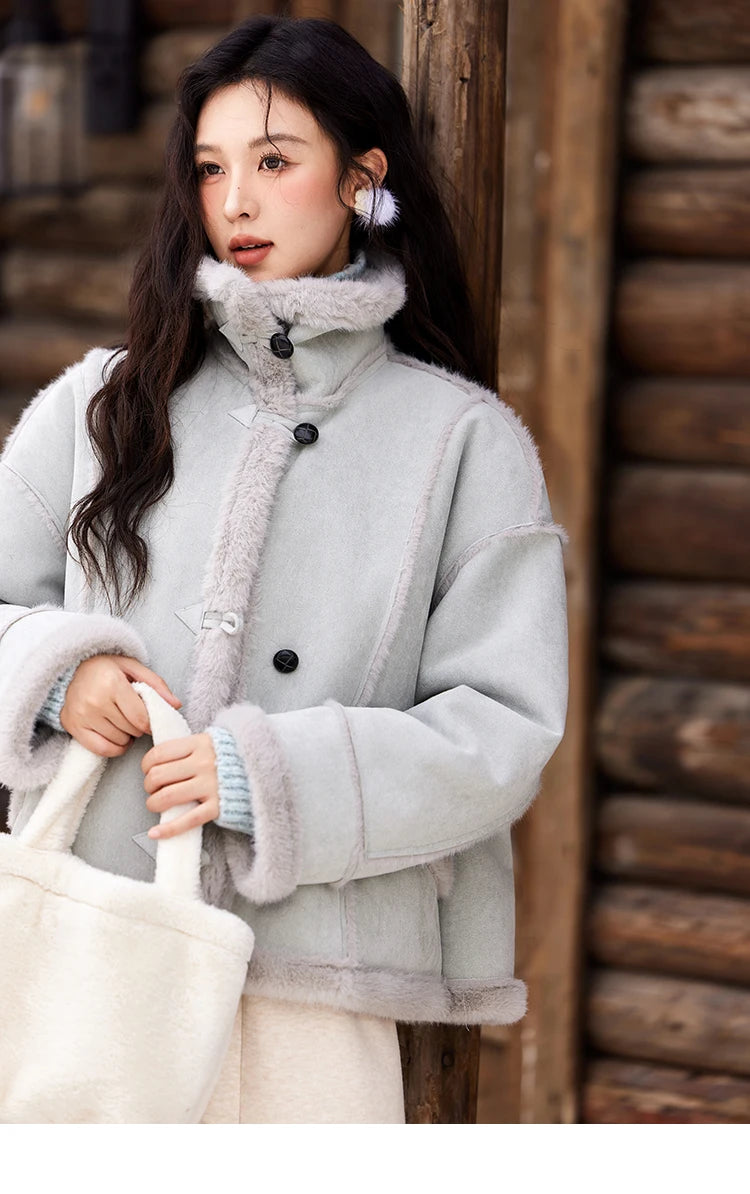 MISHOW Leather Fur Coat Fur Collar with Bag Women Winter Clothes Suede Plush Jacket Pocket Soft Thickened Warm Tops MXD57W0737