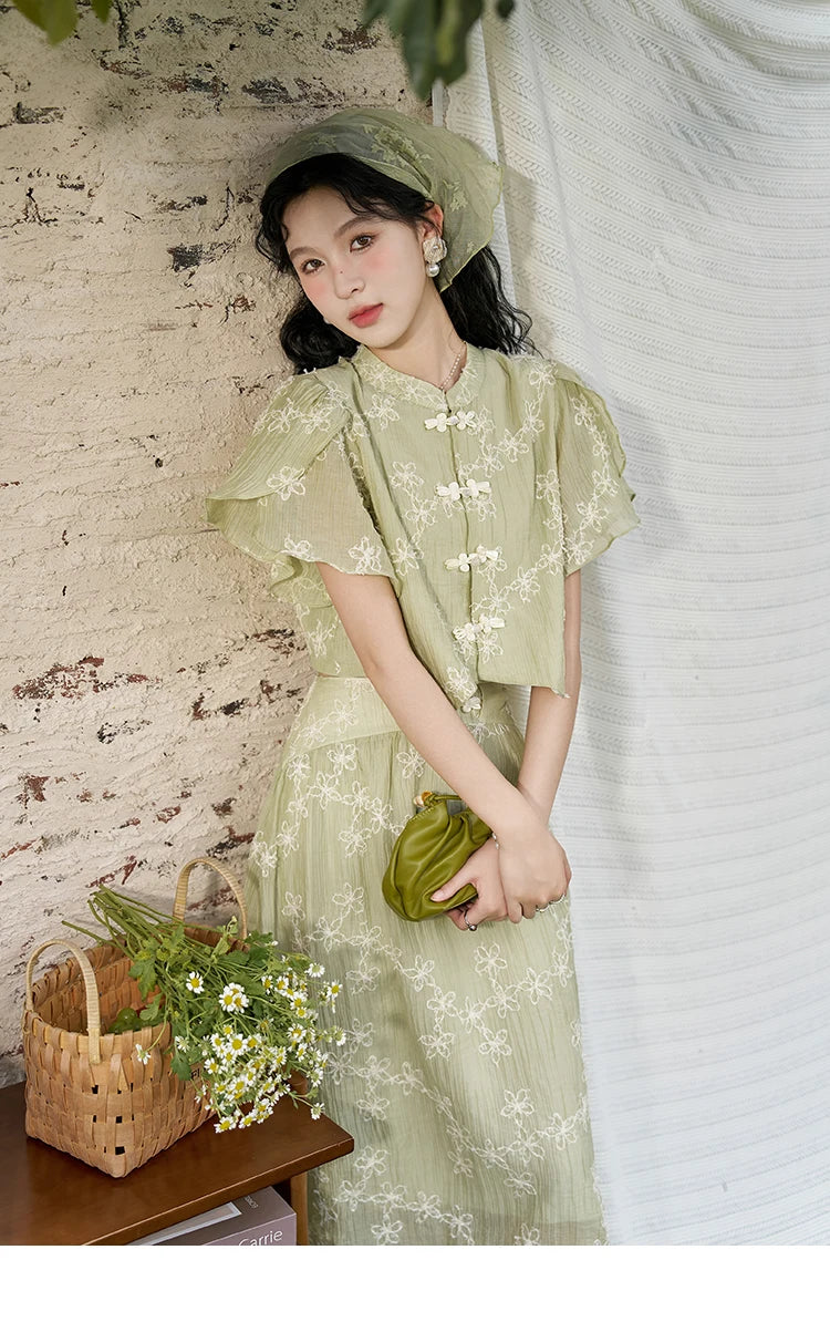 MISHOW Chinese Green Stand Collar Lotus Leaf Overlapping Sleeve Top Hem Stringy Selvedge Skirt Separately 2024 Summer MXD22X1388