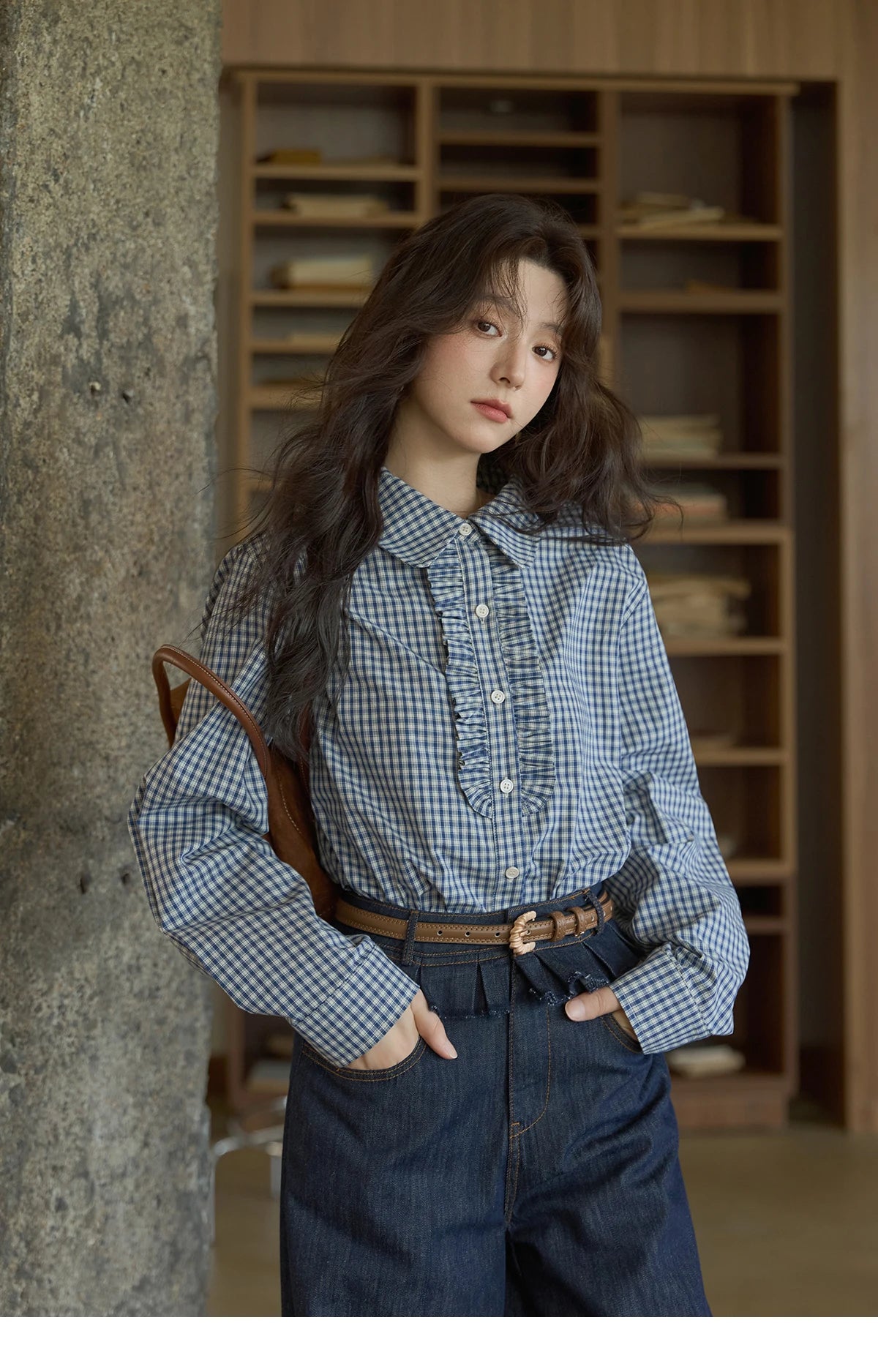 MISHOW Autumn Blue Plaid 100 Cotton Shirts 2025 Doll Collar Dropped Shoulder Sleeves Casual Top Retro Commuter Shirt MXE44C2391