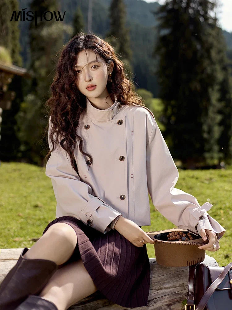 MISHOW Women's Short Fragrant Windbreaker Jacket 2024 Autumn Korean Stand Collar Double Row Placke Trench Streetwear MXD42W0386