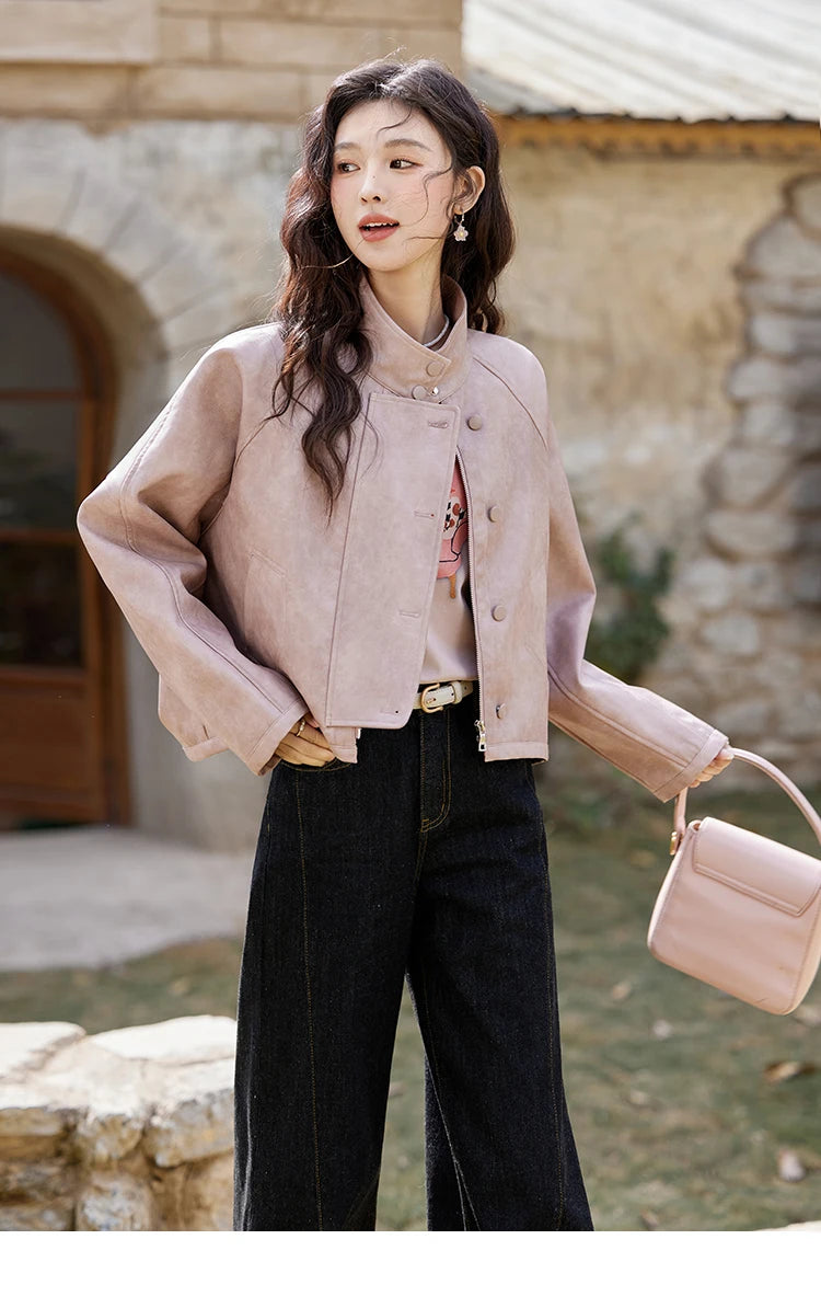 MISHOW Sweet Cool Blended Pink Purple Leather Coat Spring 2025 Stand Collar Motorcycle Style Jackets PU Leather Coats MXE13W0707