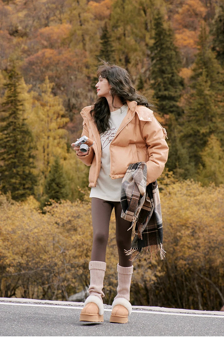 MISHOW Women's Winter Down Jacket 2023 Hooded Short White Duck Down Coats Imitation Protein Leather Puffer Jackets MXC52Y0008