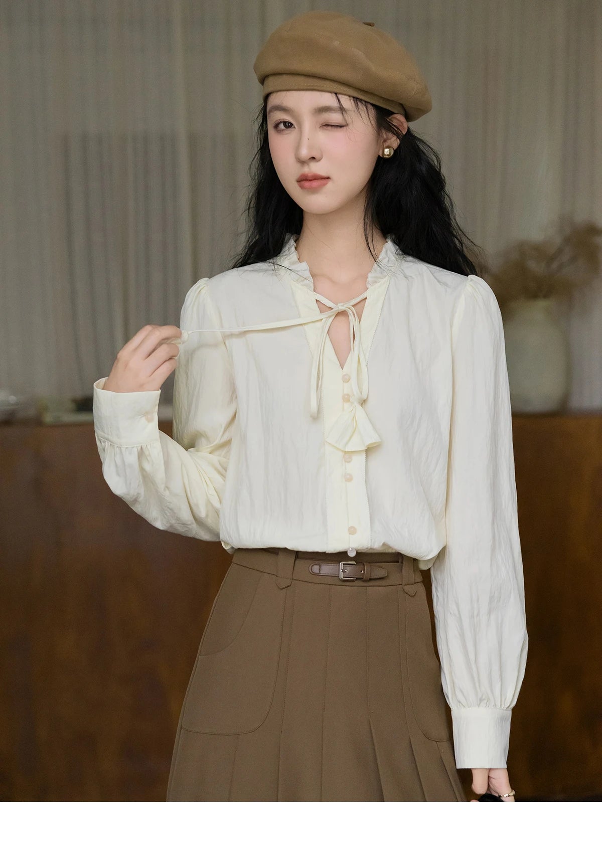 MISHOW Flower Bud Tie Lyocell Shirt for Women Autumn 2024 Temperament Solid Long Sleeve Pullover Tops Office Lady MXD42X1640