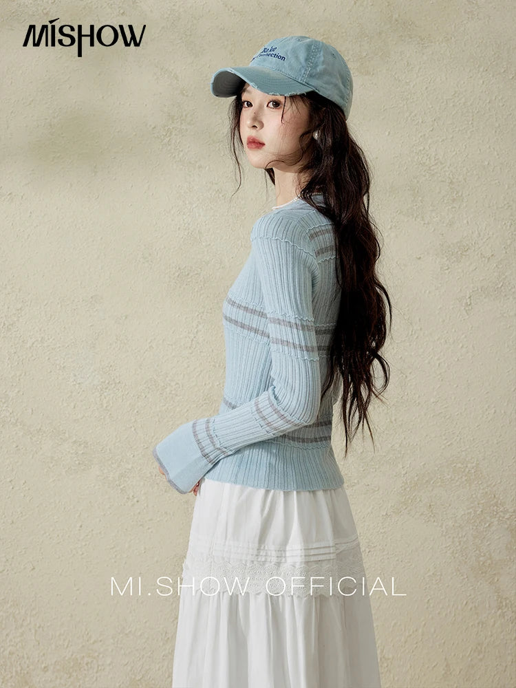 MISHOW Striped Knitted Tops for Women Spring 2025 Contrast Color Striped Slim V-neck Trumpet Sleeves Commuter Outfit MXE13Z1141