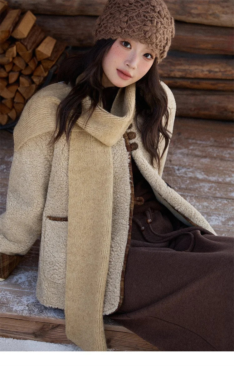 MISHOW Woman Plaid Patchwork Lamb Wool Coat 2025 Winter Round Neck Coat Commute Warm Loose Jacket (Without A Scarf)MXE90W0923