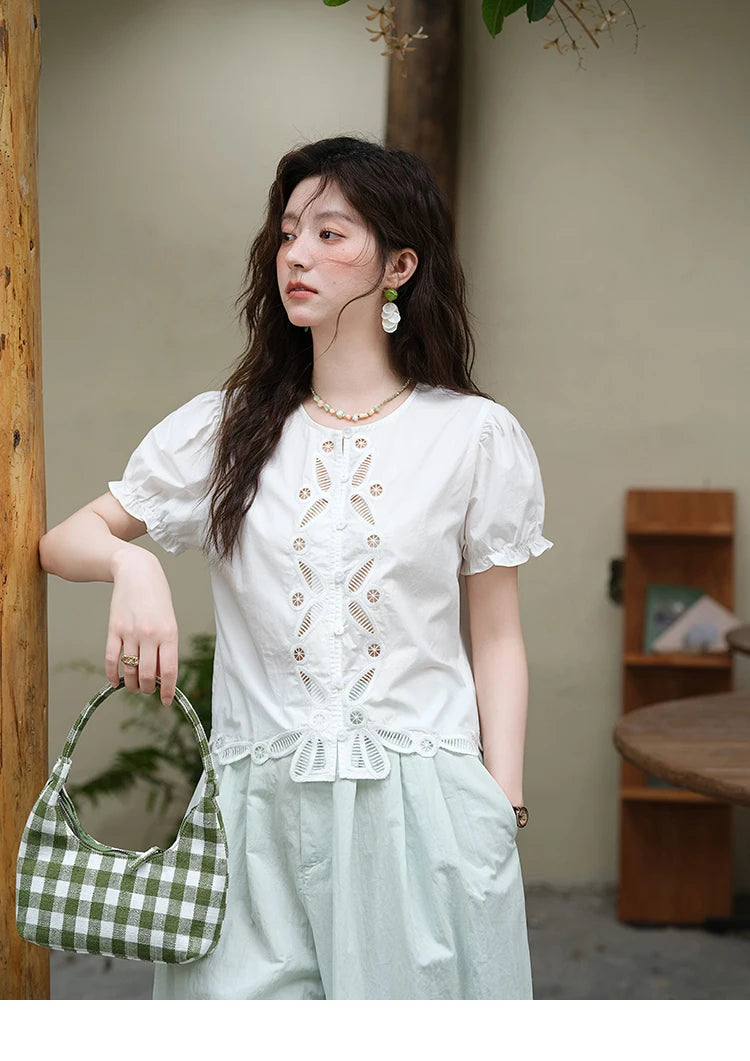 MISHOW 100%Cotton Hollow Embroidery Round Neck Shirt for Women 2025 Summer Puff Sleeve Casual Top Women's Clothing MXE39X1938