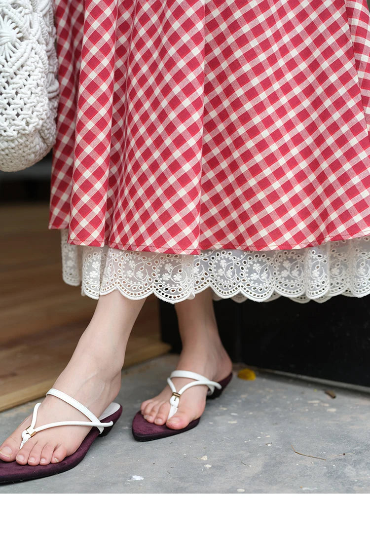 MISHOW Women's Retro Red Plaid Dress 2025 Summer New Square Neck Lace Up Hollow Out Spliced Dresses Women's Clothing MXE39L2324